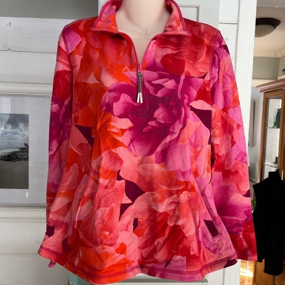NWT Talbots Vibrant Floral Pink and Orange Quarter-Zip Pullover Medium - Picture 5 of 15
